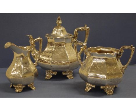 Victorian three piece sterling silver teaset London 1864, maker Robert Harper. Including teapot, sugar bowl & cream jug. Engr