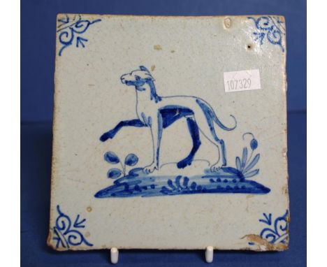 18thc Delft ceramic tile inglaze blue painting of greyhound. Circa 1700. Moorabool Antique Galleries label attached. (Glaze l