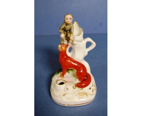 Antique Staffordshire fox & monkey inkwell with spill vase behind. Height 12.5cms Length 7cms approx. Provenance: The Dr. Mar