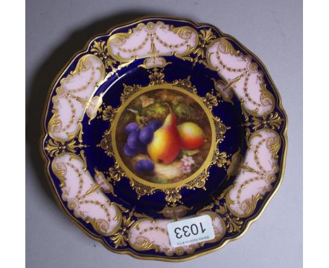 Antique Royal Worcester handpainted plate central fruit decorated, on cobalt blue ground, gilt borders. Signed Seabright, sta