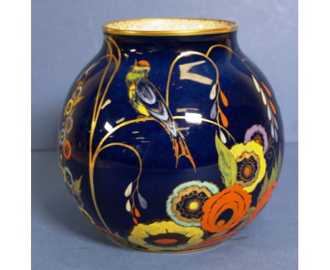 Vintage Carlton Ware porcelain vase spherical, with enamel decoration of bird and flowers on cobalt blue ground. Gilt decorat