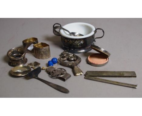 Sterling silver caddy spoon together with a Chinese silver money holder,assortment of scrap sterling silver, a silver plated 