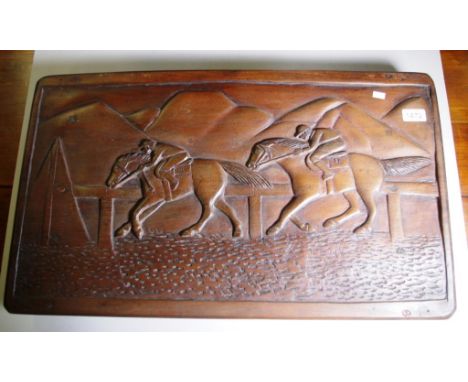 Vintage carved cedar racecourse scene carved scene of 2 racehorses running to the winning post. (Possibly depicting a scene f