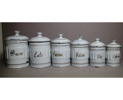 Set of six vintage enamel French kitchen canisters height 19.5cm (tallest)