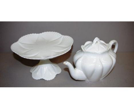 Shelley white dainty scalloped tazza and a Shelley white teapot (chipped spout)