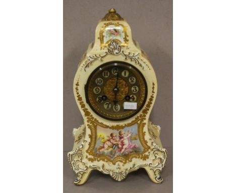 French Longwy enamelled mantle clock hand decorated & with bell strike, 28cm high approx.