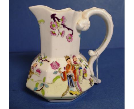 Antique Spode Felspar porcelain jug, C:1820 chinoiserie decoration of couples in a garden Printed mark to base & # 7795. Heig
