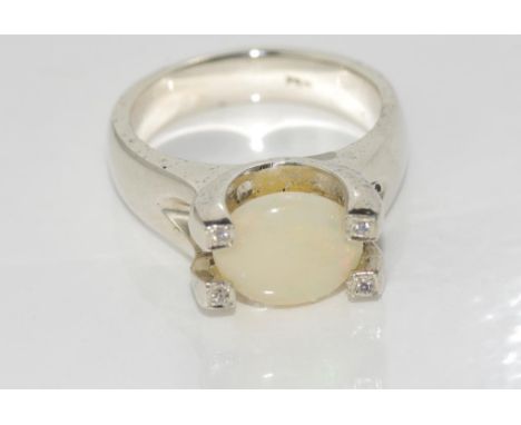 Silver, white opal and diamond ring size: approx M/6