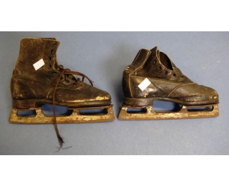 Vintage pair child's leather skating shoes together with an enamel lapel badge issued for 'Ice Palais Club,' dated Season 194