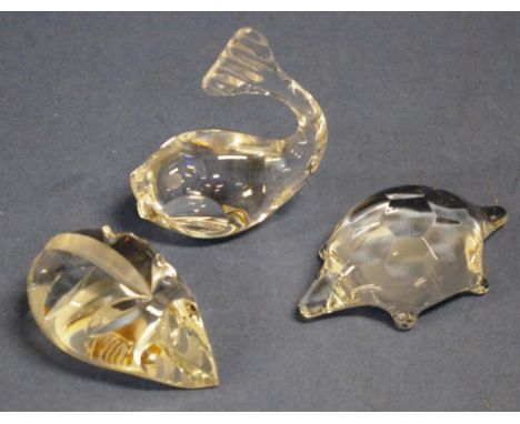 Three Spode art glass animal paperweights to include a dolphin, hedgehog, and a turtle, height 9.5cm approx