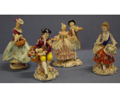 Four various porcelain lady figures including 2 Dresden, woman going to market, & couple dancing, both marked to bases; toget