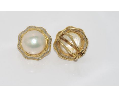 14ct yellow gold, mabe pearl & diamond earrings with hinge and post fittings for pierced ears,weight: approx 10.2 grams