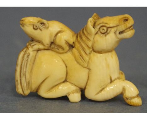 Antique Japanese horse & rat ivory netsuke C1920. Signed to base. May not be exported without CITES documentation. H3cms appr