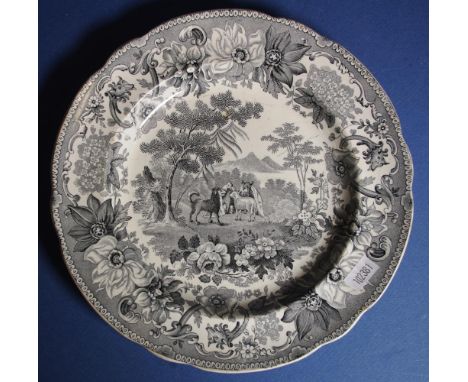 Spode Aesops Fables black printed plate, C:1820 "The Dog and the Sheep" in black figures. Impressed mark and title to base. D