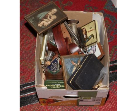 A box of collectables including book slide, vintage coins and tins, Old Sheffield Jack knife horses bit etc.