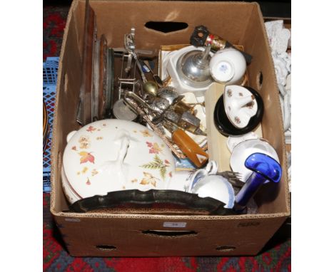 A box of miscellaneous to include cut and coloured glass decanters, carved mahogany barometer, silver plate, postal scales et