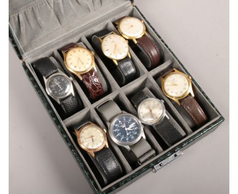 A case containing eight gentleman's wristwatches one automatic and seven manual including Limit, Poljot, Ingersoll and Roamer