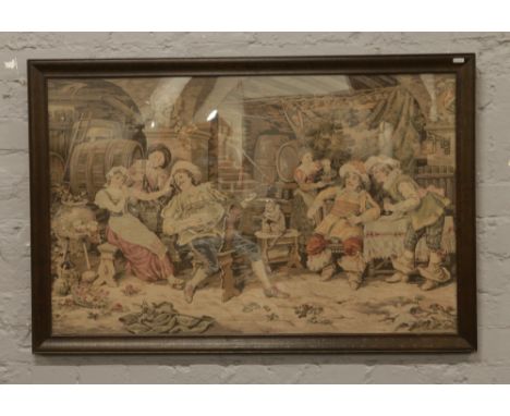 A large tapestry scene of a gentleman playing the lute in a bar.