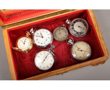 A jewellery box and six pocket watches including two with stop watch function, spares or repair.