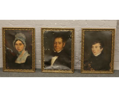 Three gilt framed oil on canvas portrait paintings.Condition report intended as a guide only.Some damage.