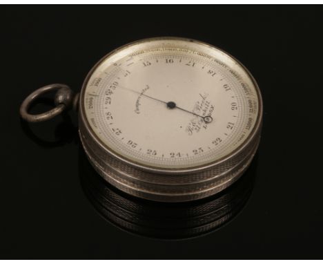 A 19th century silver cased pocket barometer with rotating bezel R &amp; J Beck, Cornhill London with milled bezel and engine
