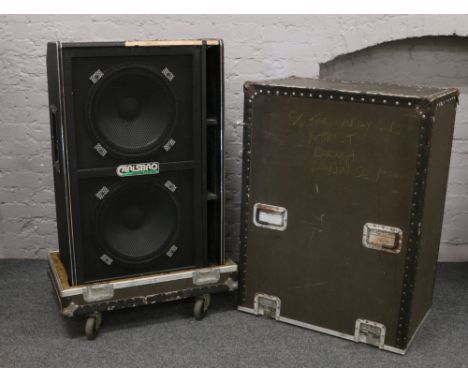 A large Carlsbro Procab 2 x 15 400 speaker with flight case cover, speaker 105cm x 68cm.