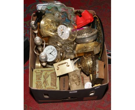 A box of metalwares and collectables including clocks vintage tins and brassware etc.