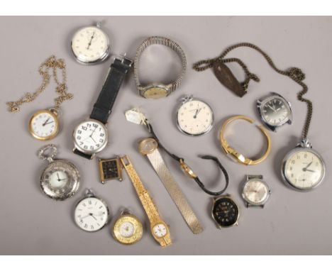 A box of mostly vintage pocket watches and wristwatches including Sekonda, Smiths, Timex etc.