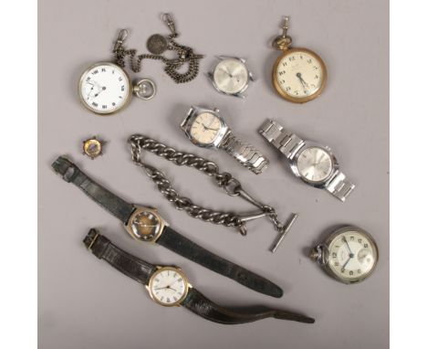 Three pocket watches, five manual wristwatches, two watch chains and a compass fob.