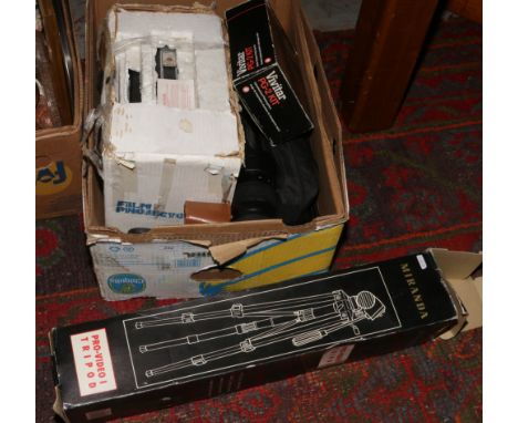 A box of photographic equipment to include tripods, Duel 8 projector, Kodak and Keystone cameras etc.