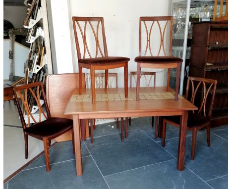 Mid Century teak G-Plan extending dining table, with tile inlay decoration, 230cm in length fully extended, 92cm wide, 73 cm 