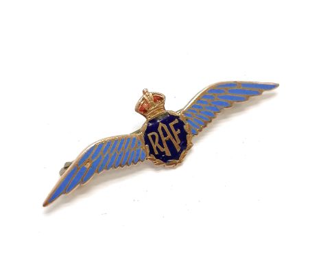 9ct gold RAF wings enamel sweetheart badge - 4cm &amp; 2g total weight ~ slight losses