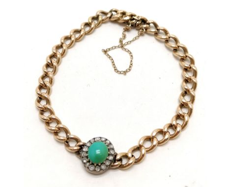 Antique 15ct marked gold bracelet with diamond &amp; turquoise set centre decorated panel (12mm diameter) - 11.8g total weigh