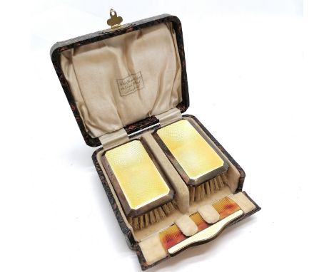 1926 silver canary yellow enamel pair of brushes + comb by Turner &amp; Simpson Ltd in a fancy retail Robert Jones (Liverpool