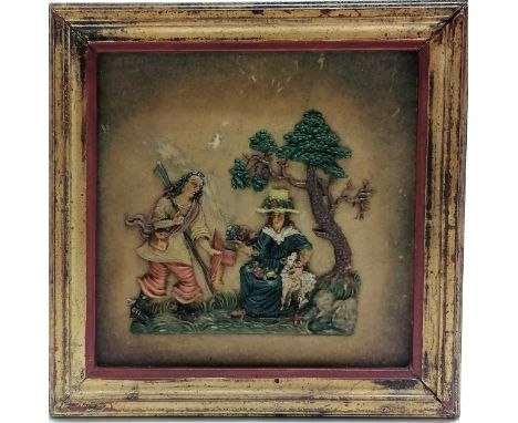 Antique wax relief panel titled #116 Schäfergruppe (shepherd group) - 15.5cm square ~ has old repair to panel 