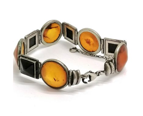Silver amber &amp; black panel bracelet (with safety chain) - 20cm &amp; 28g 