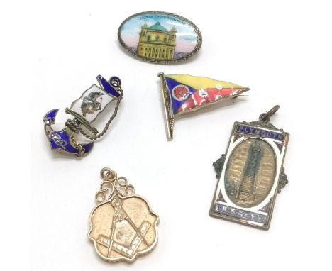 Silver gilt enamel burgee flag brooch, antique Masonic fob pendant, Maltese (Musta church) enamel brooch etc 