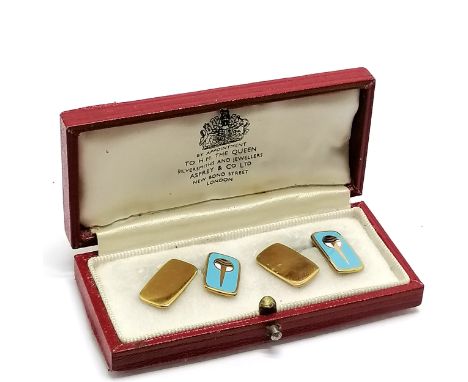 Asprey &amp; Co Ltd pair of 9ct hallmarked gold enamel cufflinks in original retail box - 7.3g total weight 