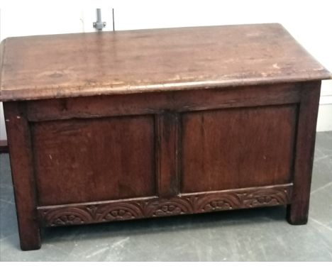 Antique oak coffer, with carved decoration on square block feet, 96 cm wide, 48 deep, 54 cm height, good used condition top d