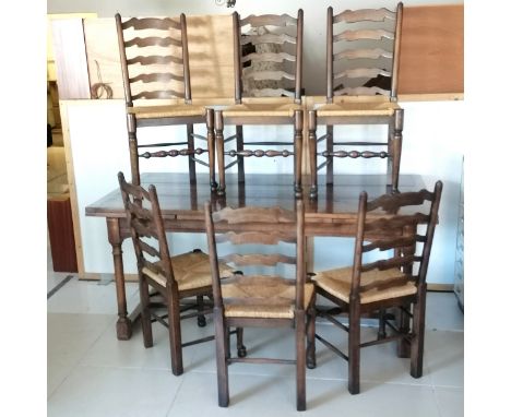 Antique style oak extending refectory dining table, 280 cm length, fully extended, 90 cm wide, 79 cm high, t/w set of six Ant