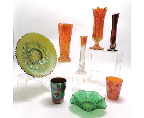 8 items of Carnival glass incl. Blackberry detailed dish 22.5cm diameter, 2 enamel decorated beakers, 2 single stem vases etc
