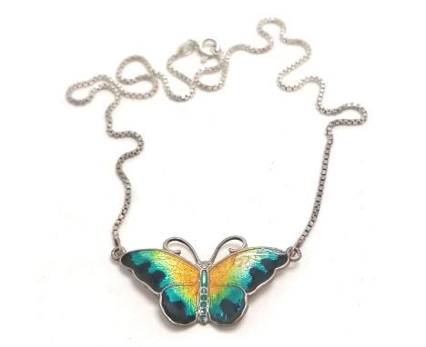 Sterling silver necklet with enamel butterfly detail (slight loss) - 40cm &amp; 7g total weight 