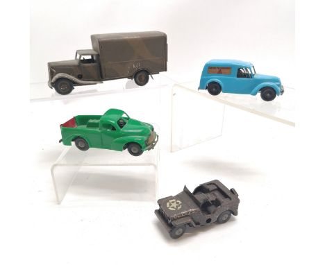 4 x Minic Tri-ang ~ army van, American jeep (missing windscreen section &amp; spare tyre), 2 plastic models (Minic transport 