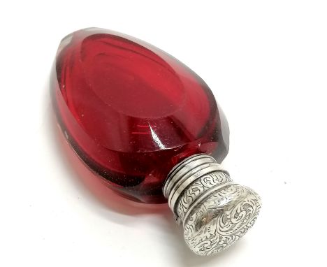 Antique unmarked silver topped ruby glass scent bottle with stopper 8.5cm long - in good used condition 