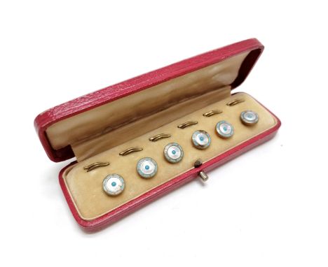 Cased set of 6 x mother of pearl enamel &amp; gilt metal studs in original fitted case - 12cm ~ 1 stud slight a/f to enamel