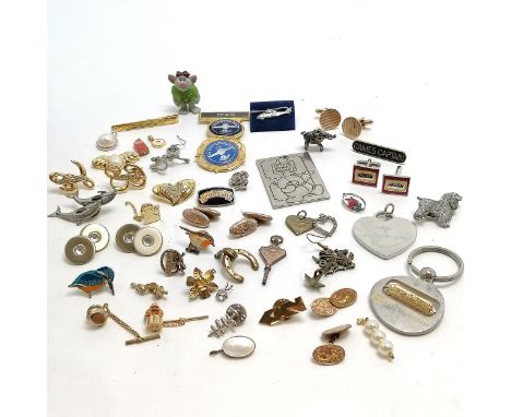 Qty of badges etc inc silver &amp; enamel elephant charm, advertising watch key, antique cufflinks etc - SOLD ON BEHALF OF TH