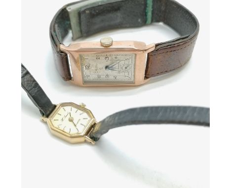 2 x 9ct gold cased watches (largest Art Deco 35mm long case in rose gold with manual wind movement) - for spares / repairs &a