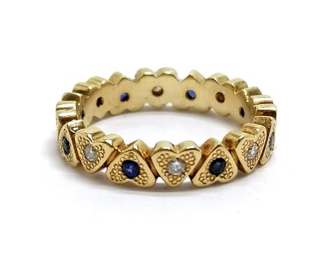 18ct hallmarked gold eternity ring with heart design set with sapphires &amp; diamonds - size K &amp; 4.7g total weight 