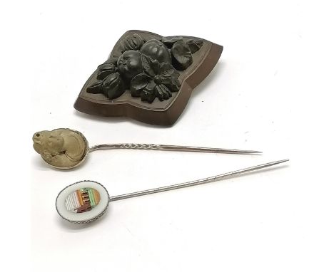 Antique hand carved lava cameo stick pin, grand tour micro mosaic stick pin &amp; Vulcanite brooch (missing pin catch) 