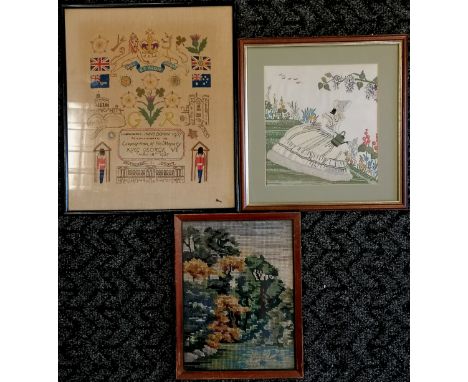 3 Framed embroidered panels consisting of a lady watering plants, ducks on a river & a handmade panel to commemorate the coro